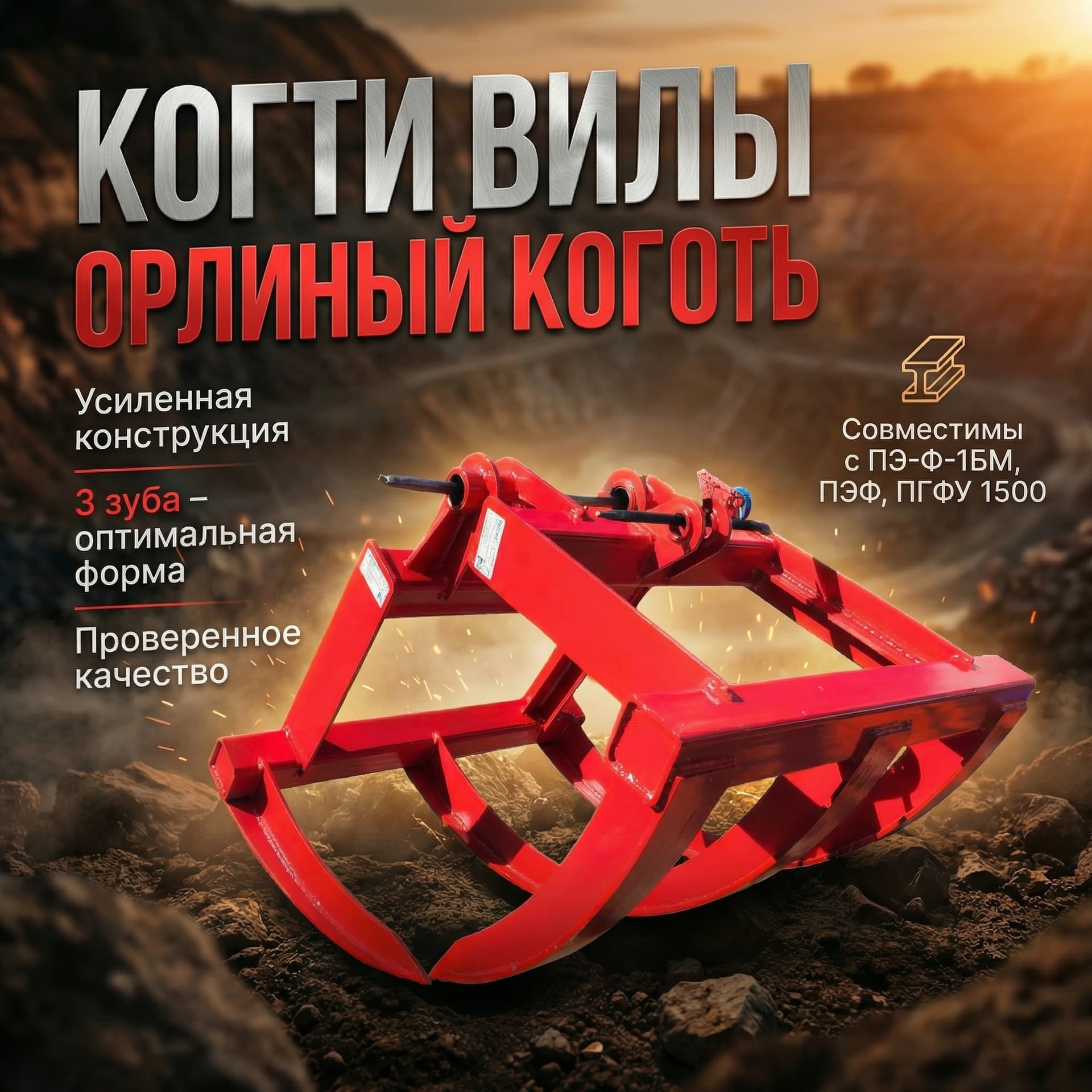 Когти вилы 3-х зубые нового образца (пара) усиленные «Орлиный коготь» для грейферного погрузчика ПЭ-Ф-1БМ, ПЭФ