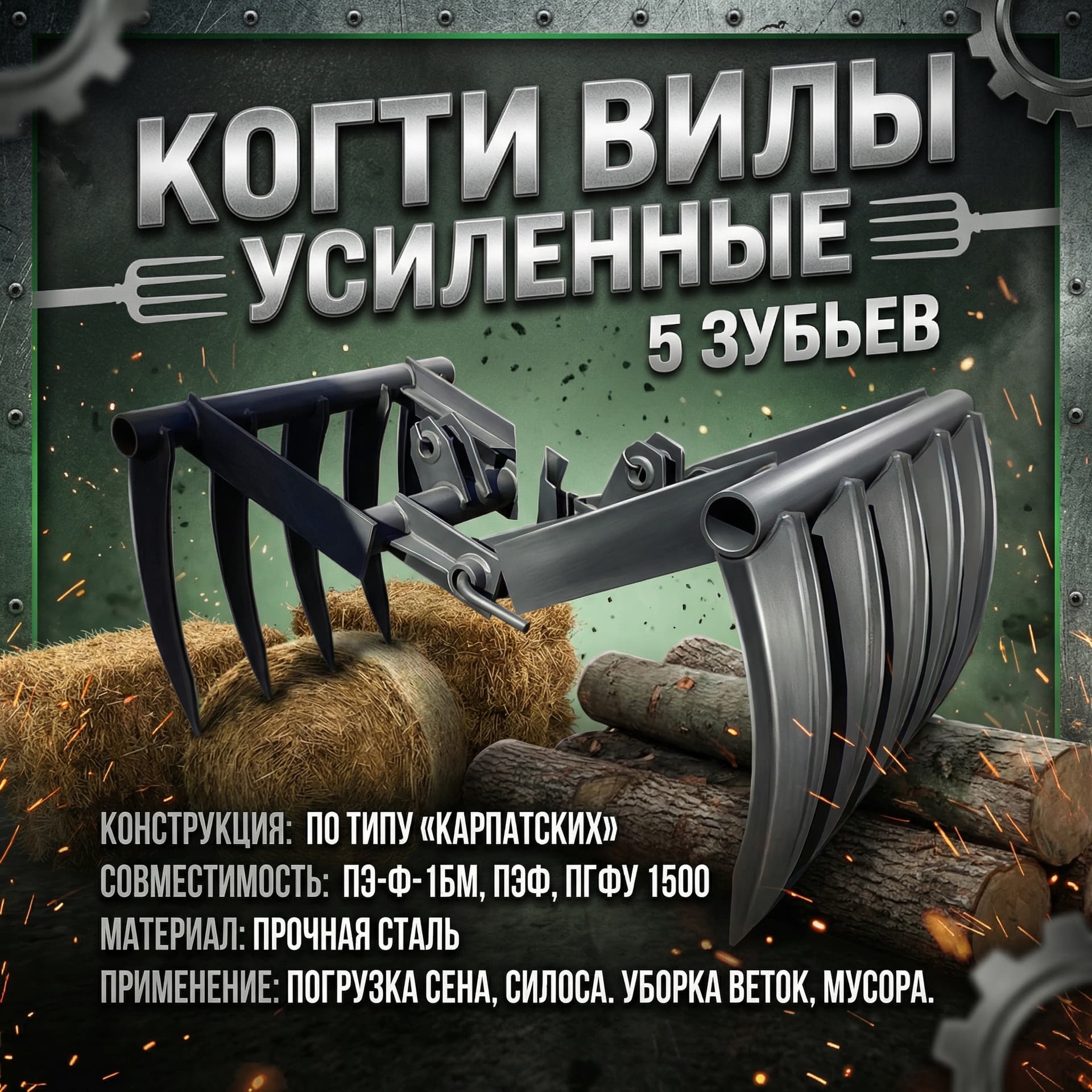 Когти-вилы усиленные 5-зубые по типу «Карпатских» для грейферного погрузчика ПЭ-Ф-1БМ, ПЭФ